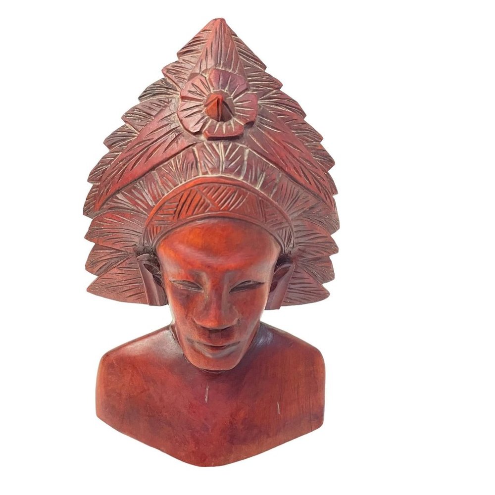 Unbranded Hand Carved Wood Bust Unisex Small Brown Tribal Headdress Folk Art